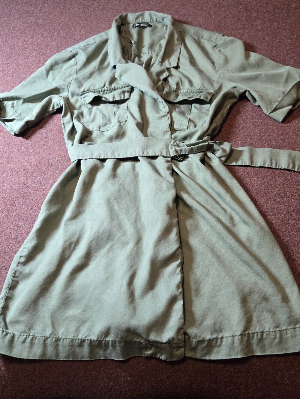 Zara Utility-style Belted Shirt Dress Olive Green Size Medium